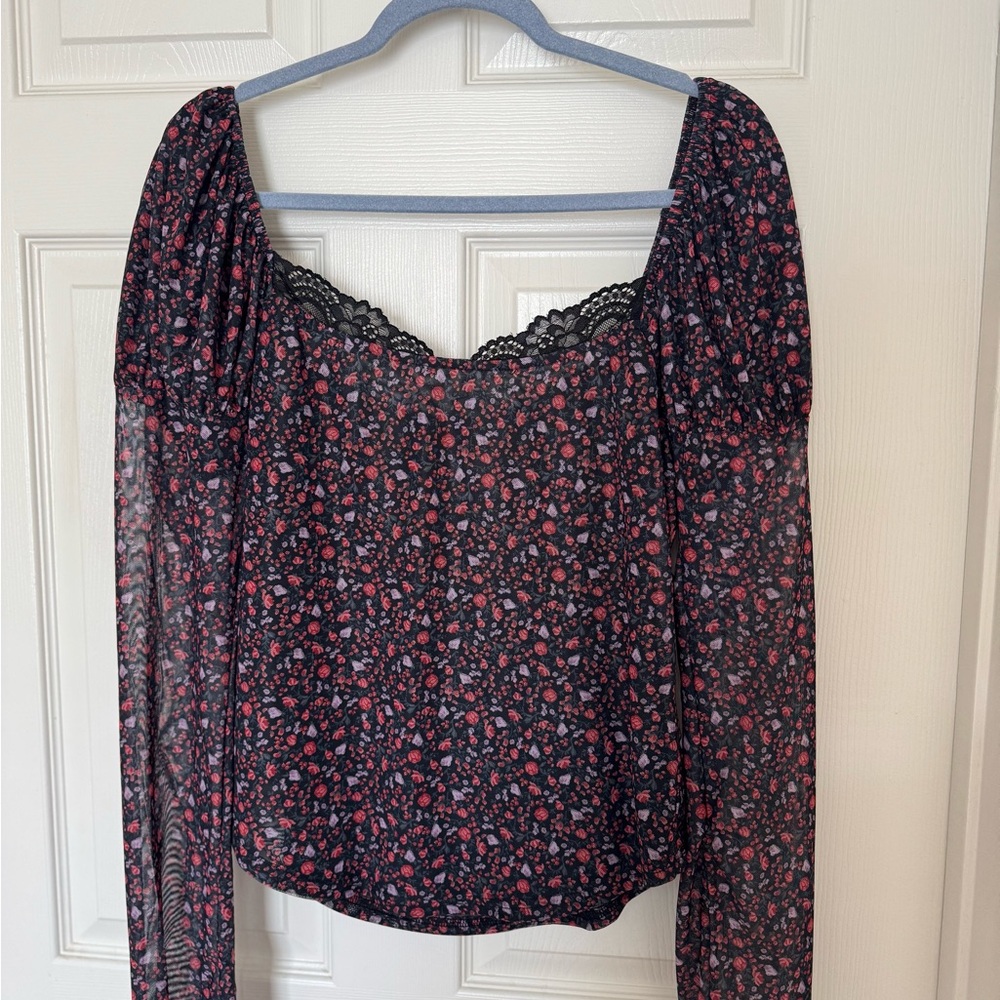 Maeve Black and Pink Floral Blouse with Lace Detail